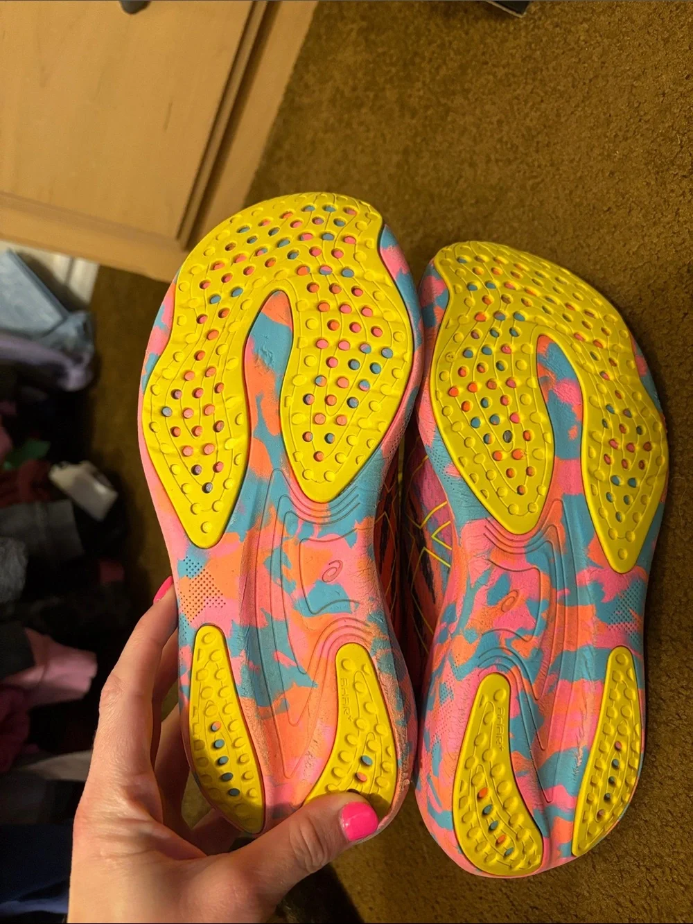 Asics Neon Pink and Blue Patterned Running Shoes with Yellow Laces - Picture 4 of 6